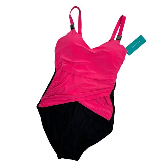 Aqua Green NWT Drape Front Pink and Black One-Piece Swimsuit Small - Picture 4 of 13